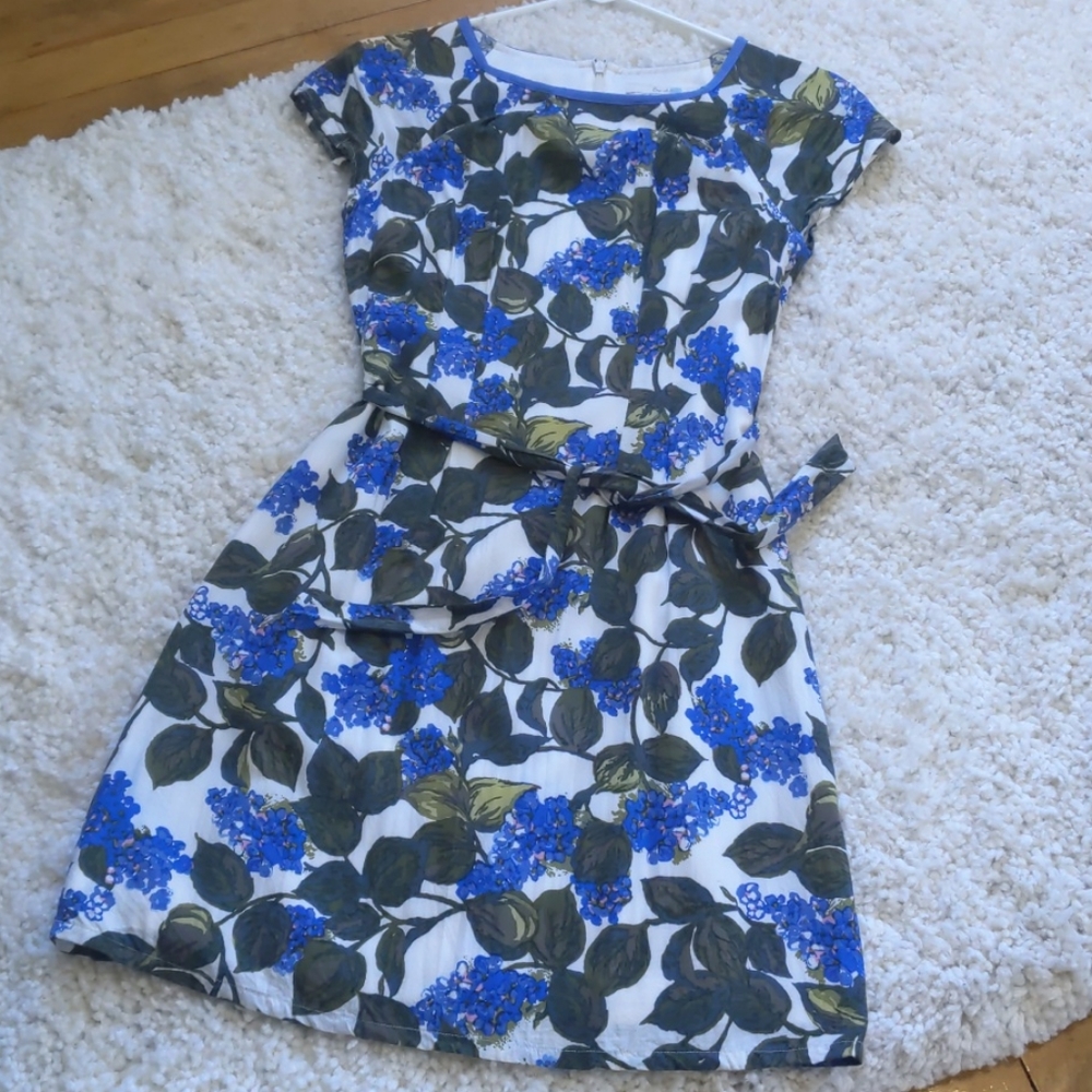 Boden White Purple Green Floral Dress Midi Sz 4